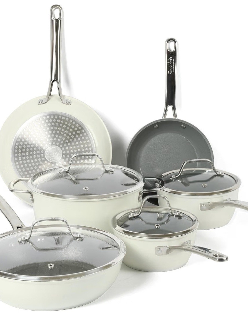 Sur La Table White Ceramic Cookware Set with Stainless Steel Handles New